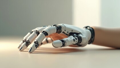 Realistic 3D model of modern robotic hand with articulated fingers rests on light beige surface. Advanced prosthetic limb innovative design, high technology, blending mechanical precision with