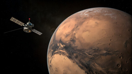 Artificial satellite orbiting Mars planet with visible surface details and dramatic cosmic background perfect for astronomy visuals, educational science content and futuristic space exploration themes