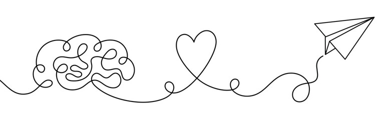Minimalist continuous line drawing of brain heart and paper airplane symbolizing creativity love imagination and freedom. One line art concept for psychology emotions travel communication and dreams
