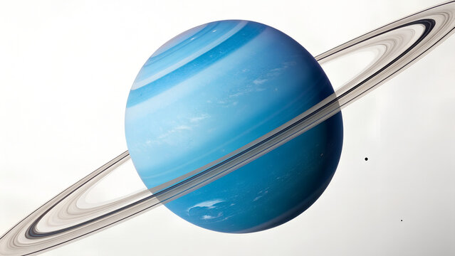Blue planet with rings resembling Saturn floating in bright space illuminated by soft light perfect for science fiction visuals, astronomy education content and futuristic cosmic background designs