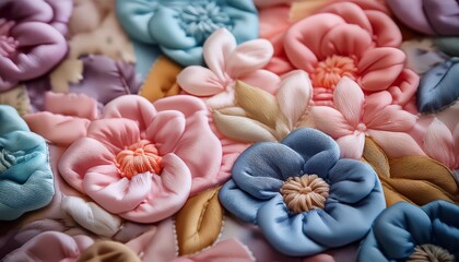 a macro lens shot of floral quilting fabric capturing delicate textures soft colors and intricate patterns in rich close up detail