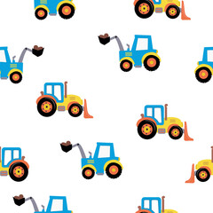 Construction truck   pattern design for fabric.
tractor truck cartoon seamless pattern design. Tractor cartoon fabric pattern.