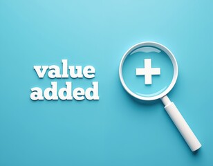 Fototapeta premium Magnifying glass examines white plus sign on blue background, symbolizing added value in healthcare. Concept highlights medical positivity, quality improvement, and health care benefits.