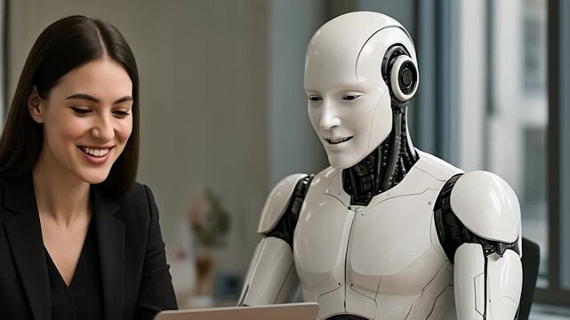 A buisness woman working with labtop and talking to her ai robot assistance , video.