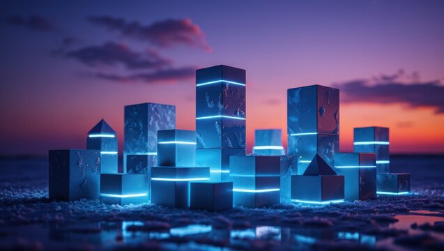 Futuristic glowing cubes in a serene twilight landscape - Powered by Adobe