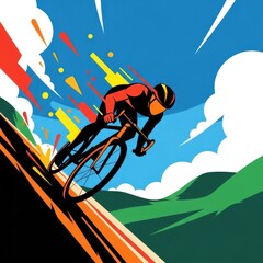Vibrant vector illustration of cyclist riding downhill with dynamic effects