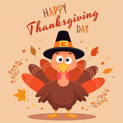Cute cartoon turkey in pilgrim hat with autumn leaves and Happy Thanksgiving Day text. Festive fall greeting card design, perfect for holiday posters, banners, invitations, and digital graphics.