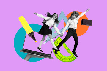 Composite image trend collage of laptop college courses class fall university classmates young girl boy fly hold hand smile marker ruler