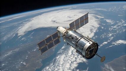 Satellite with solar panels orbiting above Earth atmosphere with detailed clouds and land surface visible perfect for communication visuals, science education and technology presentations