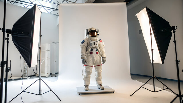 Full astronaut suit standing in professional photo studio illuminated by soft lights with white backdrop perfect for product mockups, creative visuals and retro inspired space illustrations