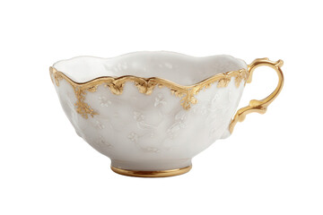 White Porcelain Teacup with Gold Accents and Intricate Design