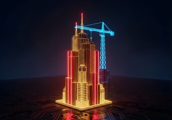 Cyberpunk noir skyscraper with red neon and blue crane in foggy atmosphere.