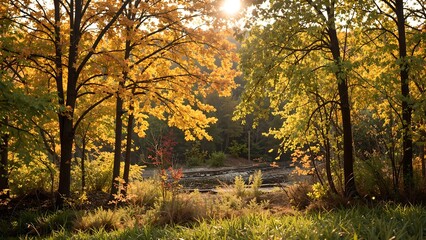 Obraz premium Autumn Forest Landscape with Sunlight Shining Through Trees