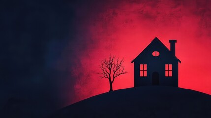 Fototapeta premium Spooky Boo in neon lights, haunted house silhouette, creepy night sky