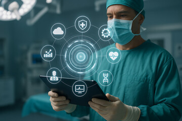 a surgeon in a mask and scrubs uses a tablet displaying a holographic medical interface with various healthcare icons and data