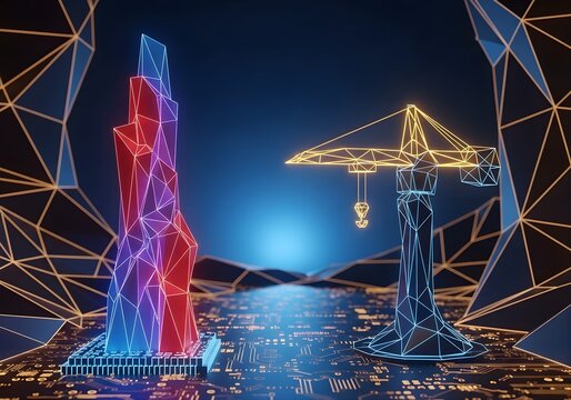 Low-poly polygonal skyscraper glowing with faceted neon and abstract crane.