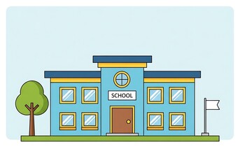Stylized illustration of a blue school building with a tree and a flagpole beside it