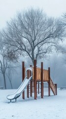 Frozen abandoned playground covered in snow with slide and trees background