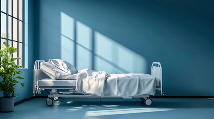 Empty hospital bedroom with single bed near large window and natural light