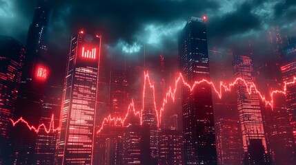 Red glowing financial chart over city skyline symbolizing economic crisis stock market crash and global decline