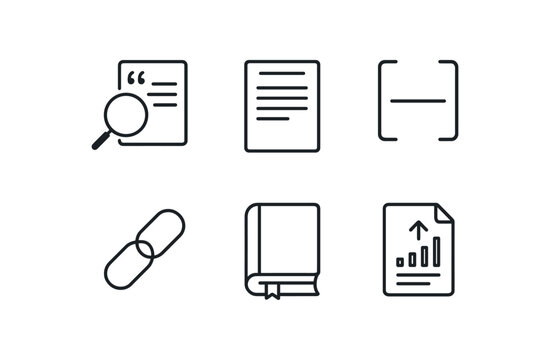 simple outline stroke icon isolated on white background: research citation article page bracket note line book icon report file
