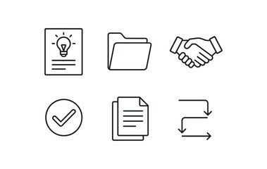 simple outline stroke icon isolated on white background: project proposal folder page handshake icon approval mark paper stack arrow flow