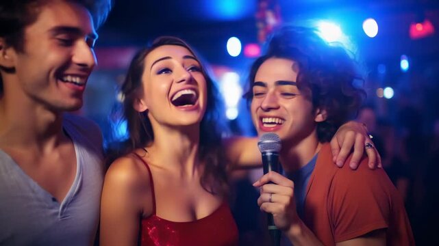 A lively video scene of friends singing karaoke in a vibrant club. Captured at eye level, showcasing joy and camaraderie under colorful lights.