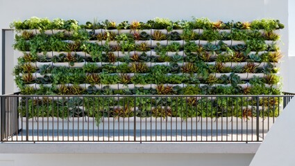 Lush green vertical garden wall with succulents and railing