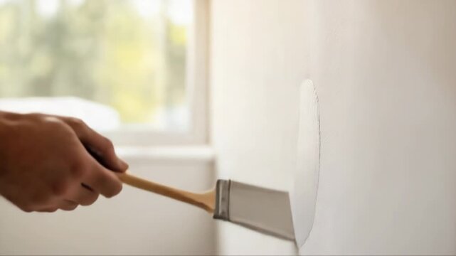 Close up of a painter's hand carefully applying white paint to a circular patch on a wall, creating a smooth and even surface