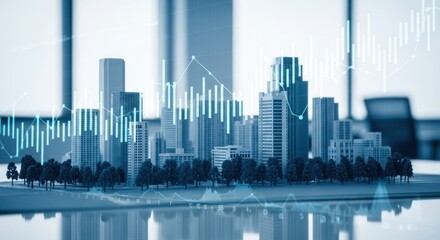 Model city with superimposed financial chart, on table, blue tint