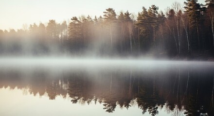 Fototapeta premium Misty lake with tree reflection, serene & calm, peaceful nature scene