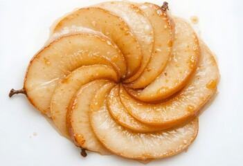 Fototapeta premium Caramelized pear slices arranged in artistic spiral, top-down view, glossy glaze, ultra-detailed.