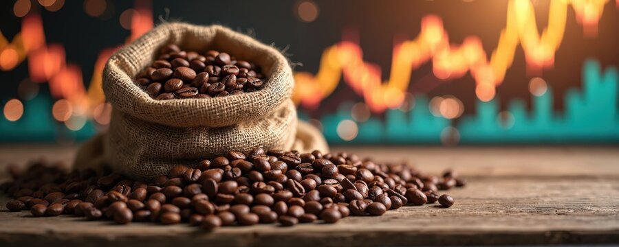 Sack overflowing with roasted coffee beans on wooden table. Blurred background features glowing financial graph charts. Represents coffee industry growth, commodity trade, and market value.