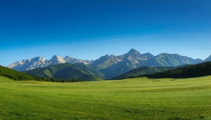 Fototapeta premium vast field with lush green grass and a majestic mountain range in the background under a clear blue sky