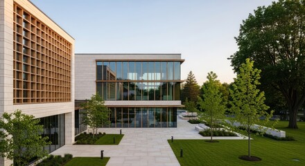 Modern building with geometric facade, large windows and lush greenery