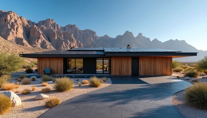 Modern desert home features solar panels, mountain views. Contemporary architecture with wood, stone accents integrates eco-friendly design. Sustainable living in minimalist southwest style estate