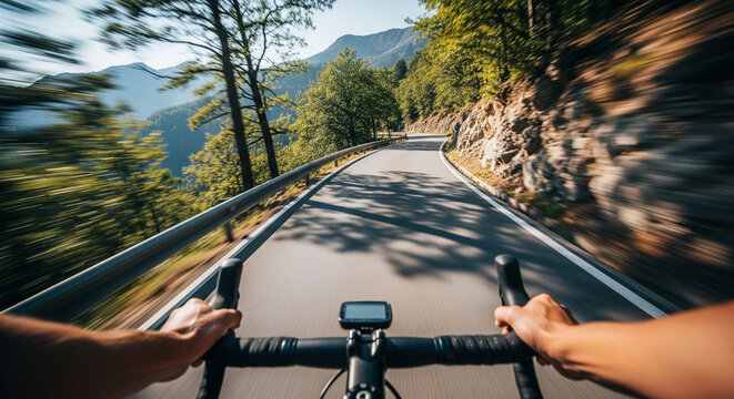 First person view of a cyclist descending a mountain, close-up, speed effect, feeling of speed and excitement, cinematic look, high detail, slight motion blur at the edges - Powered by Adobe