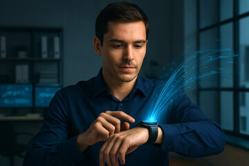 Young man interacting with a futuristic holographic display projected from his smartwatch in a modern office setting