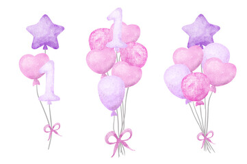 Set of pink watercolor balloons. Hand drawn illustration for invitation and greeting cards. Design elements for Birthday decor o baby shower event.