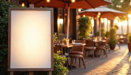 Outdoor cafe terrace with empty signage ready for promotions in warm evening light. Tables and chairs set for dining on brick patio. Plants and warm ambient lighting create welcoming, cosy atmosphere.