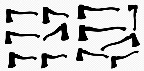 Collection of black silhouettes of axes with wooden handles, arranged on a white background.