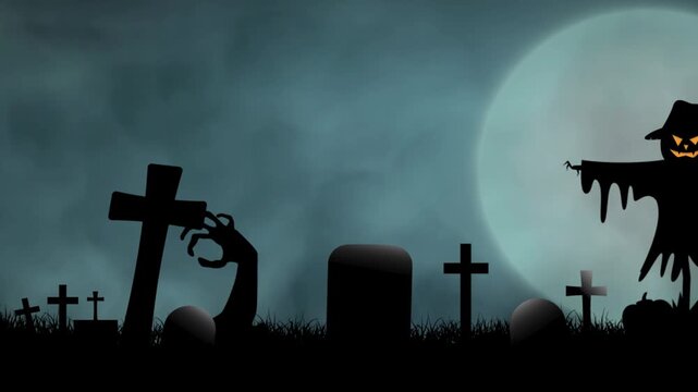 The Scarecrow Awakens on a Foggy Graveyard Hill at Midnight