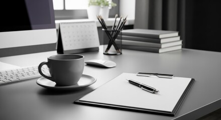 Neutral workspace with computer, clipboard, coffee, books, and calendar