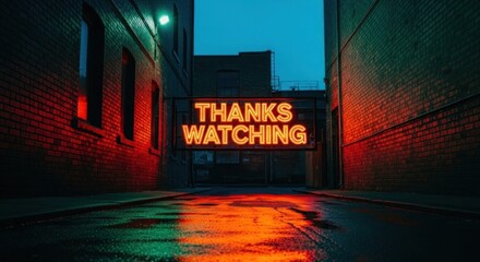 Neon 'Thanks Watching' sign between brick buildings on a wet street at night