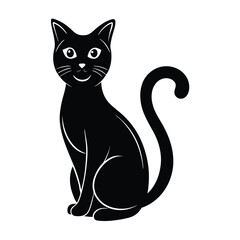 Black cat sitting with curled tail and white accents
