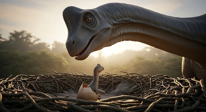 Mother Brontosaurus Dinosaur Caring for a Newly Hatched Baby in a Nest - Powered by Adobe