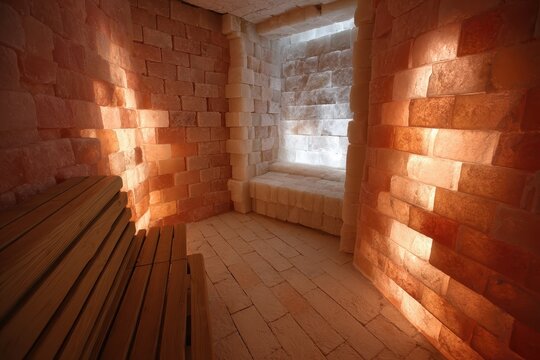 Spa Salt Room. Health and Relaxation with Salt Bricks in Wellness Environment