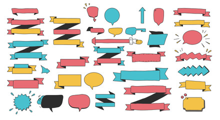 Colorful hand-drawn vector set with ribbons, banners and speech bubbles elements