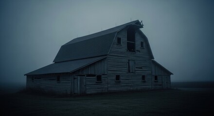 Old wooden barn stands silhouetted against a thick, gloomy fog-shrouded sky
