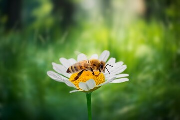 Buzzing honey bee on a bright flower outdoor